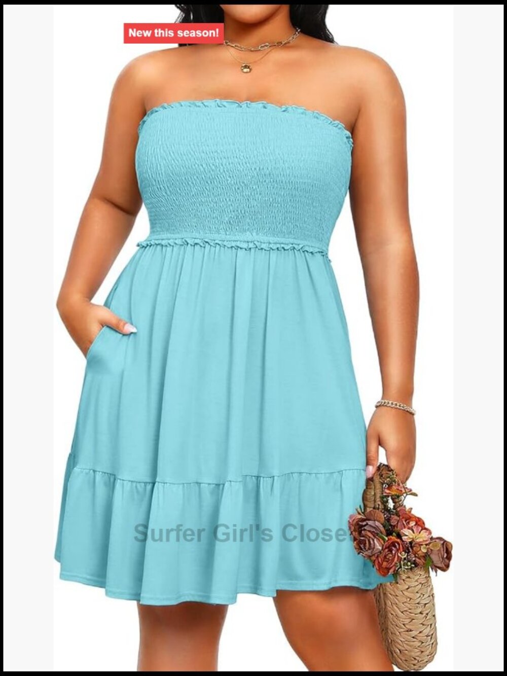 Plus Size Strapless Swim Cover Up Dress with Pockets, Ruffle Hem, Lightweight